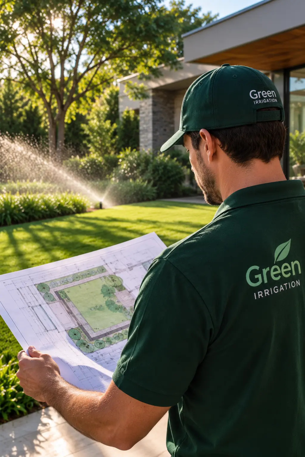 Técnico da Green Irrigation analisando a planta baixa do projeto em jardim residencial de alto padrão com irrigação em funcionamento